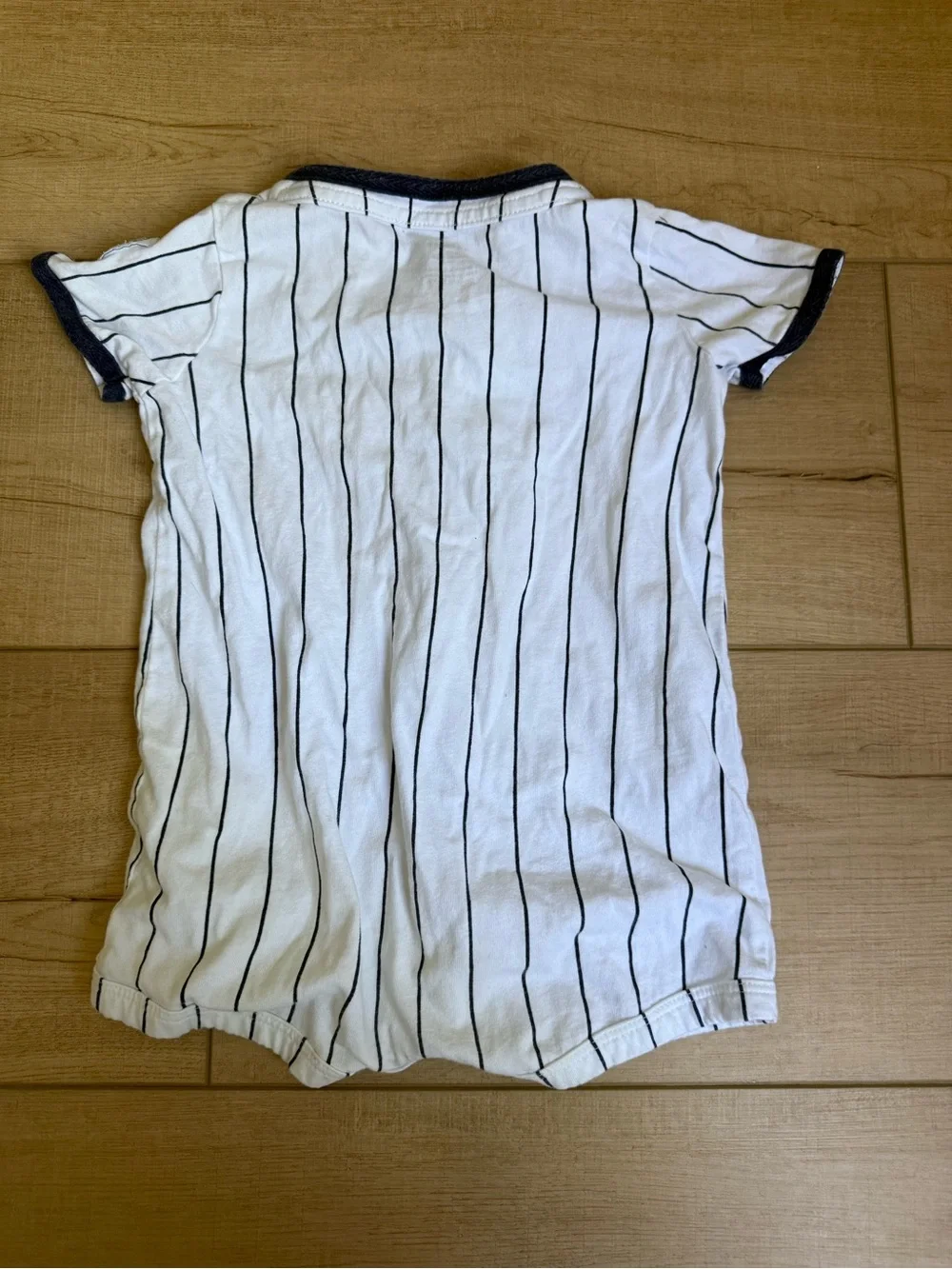 Carter's White Pinstripe Button-Front Baby Romper with Navy Trim